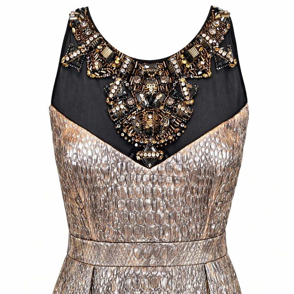 Badgley Mischka Gold Metallic Beaded Evening Gown Prom Dress 6 MSRP $1850 NWT - Picture 5 of 12